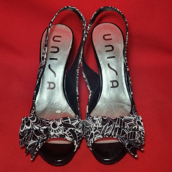 Unisa Floral Black and White Slingback High Heels 71/2 M - Picture 1 of 12